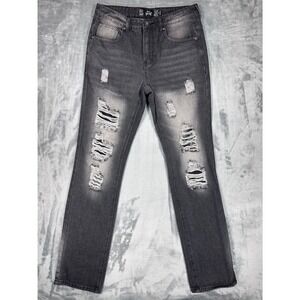 Rebel Vengeance Mens Distressed Skull Flame Embroidered Jeans Black Size 30